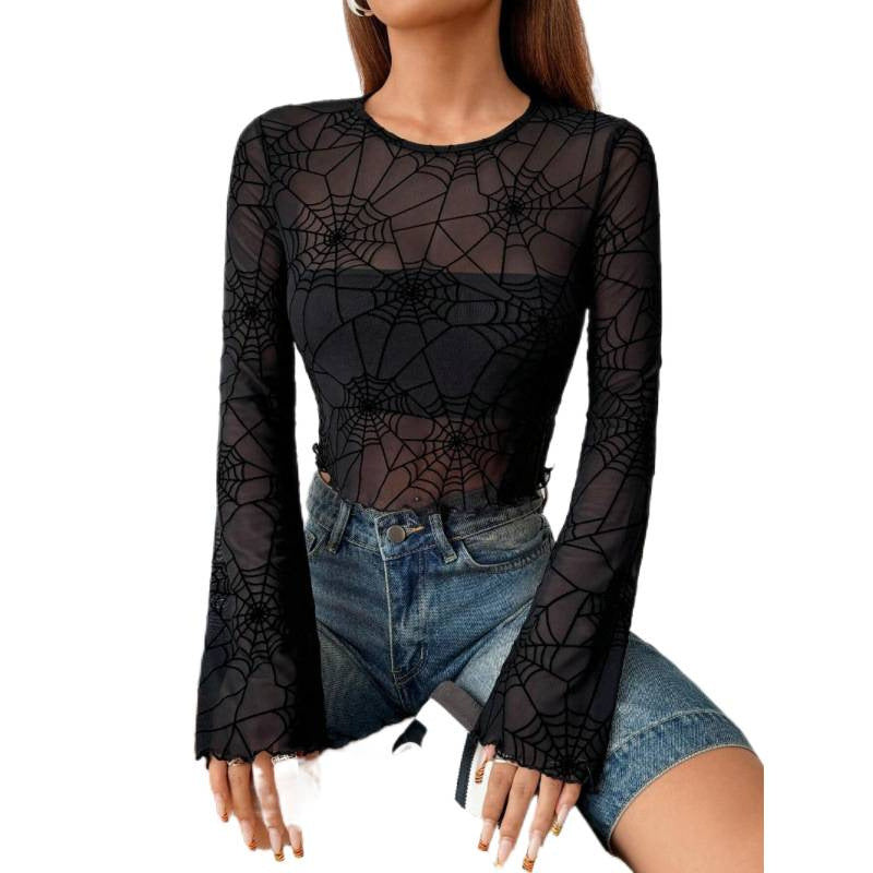 Dame Transparent Langærmet Bluse med Spidermotiv Skovae