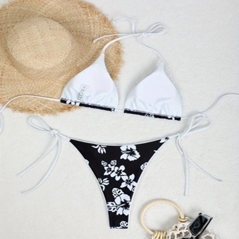 Dame Triangel-Bikini med blomsterdesign og justerbare bindebånd Skovae