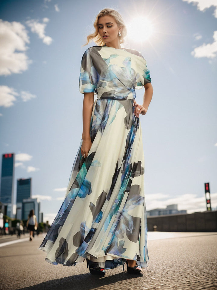 Dame maxikjole med floral chiffon og voluminous ærmer Stilla