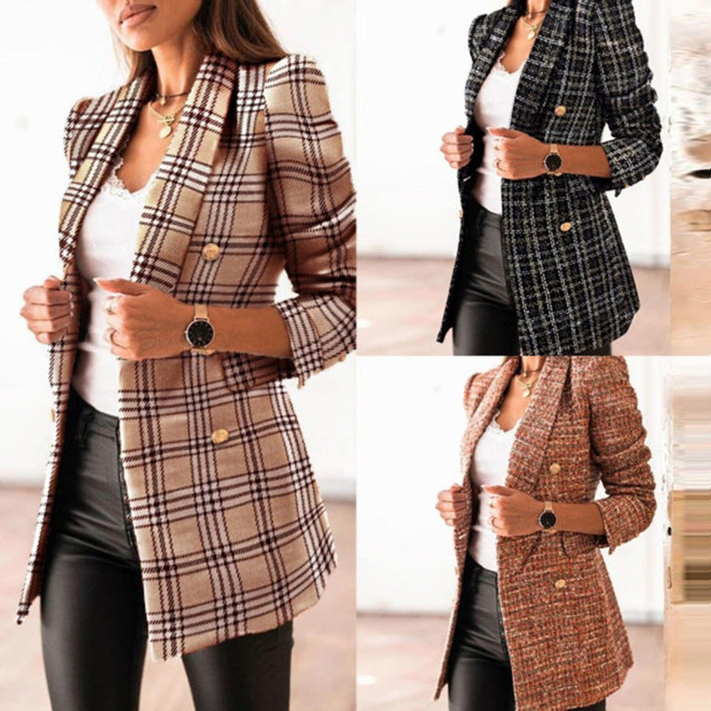 Dame trendy blazer i tweed-look med dobbeltknaplukning og skulderpuder Stilla