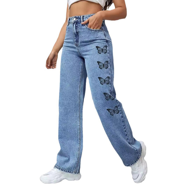 Dame bred denim-bukser med legende sommerfuglemotiver Stilla