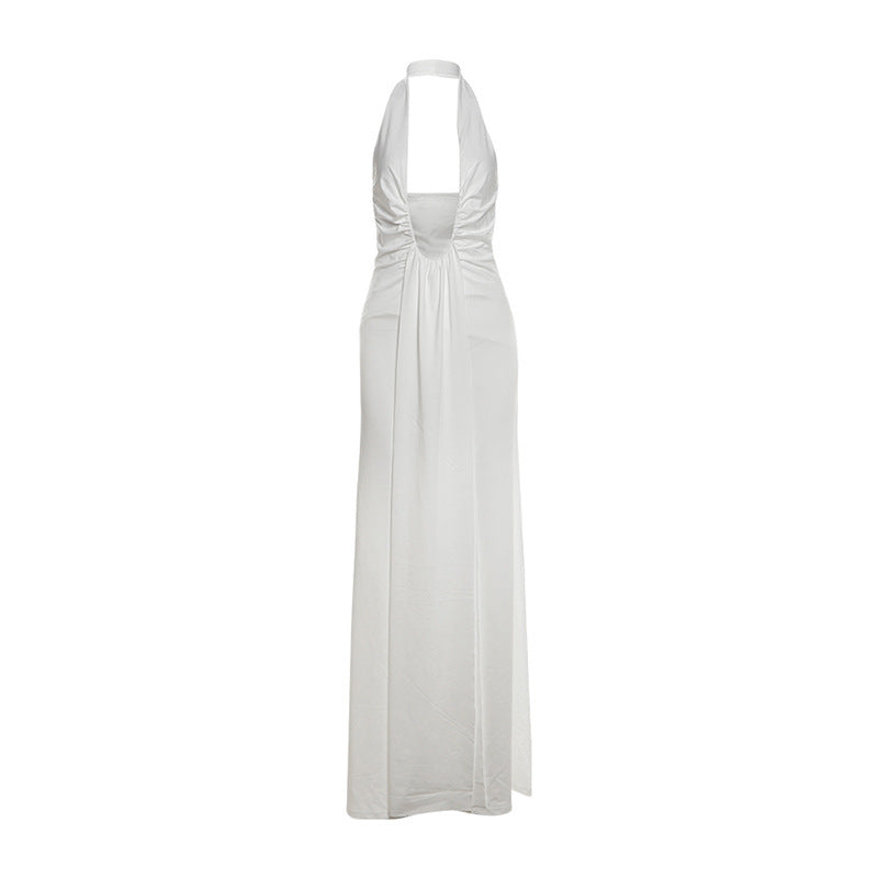 Dame maxikjole med dyb V-udskæring og elegante draperinger Skovae
