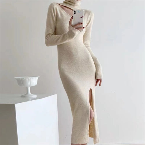 Dame High-Slit Strik Midi Kjole med Rullekrave Stilla