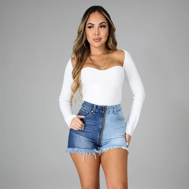 Dame Jeans-shorts med frynset kant og asymmetrisk lynlås Stilla