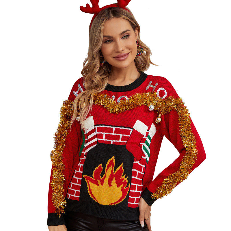 Dame julesweater med festligt pejsmotiv og glimmerdetaljer Stilla