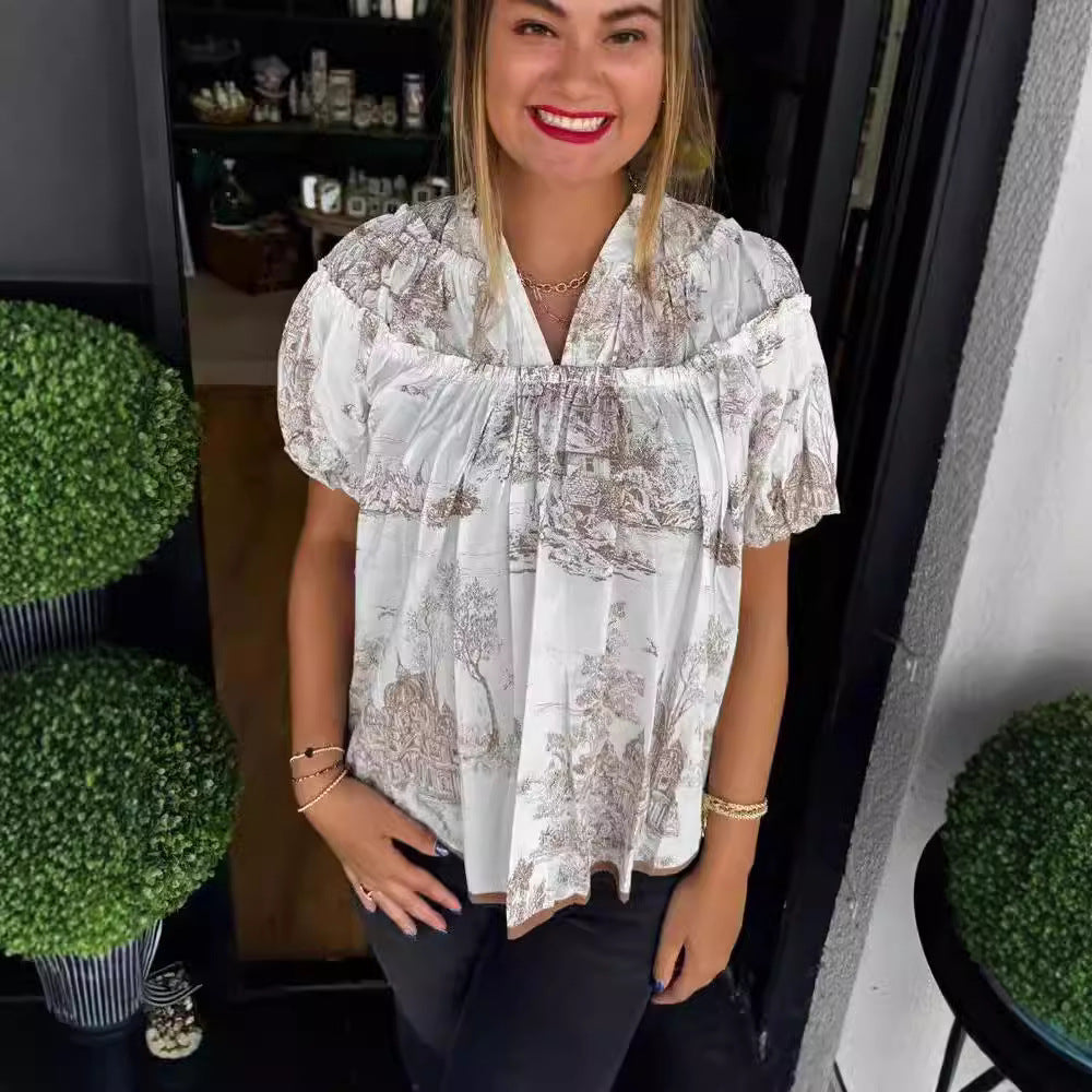Damer Vintage Bomuldsbluse med grafisk tryk Stilla