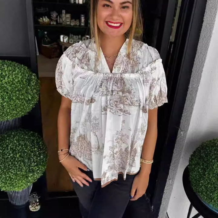 Damer Vintage Bomuldsbluse med grafisk tryk Stilla
