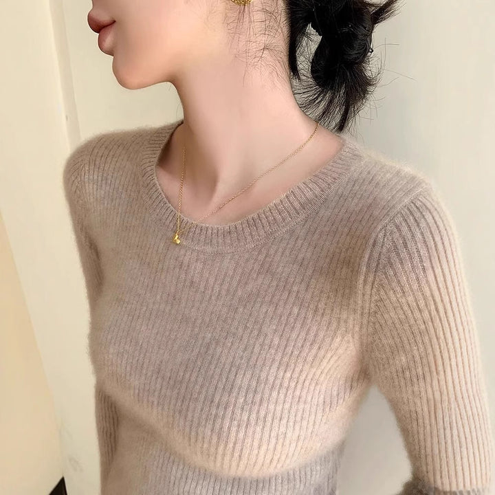 Dame fin ribbet strikket pullover med rund hals Stilla