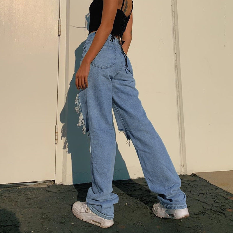Dame Destroyed Relaxed Fit Jeans med høje lommer Stilla