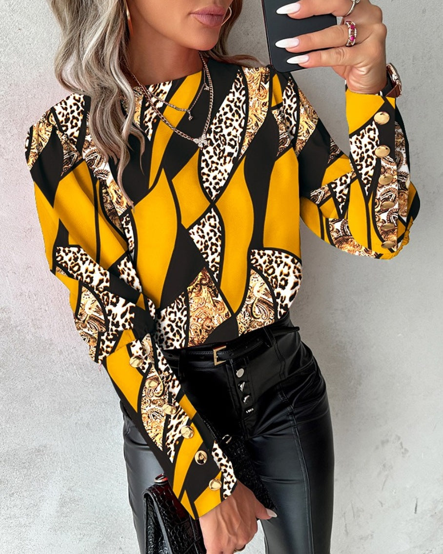 Dame Mode Bluse med unikt mønster og gyldne knapper Stilla
