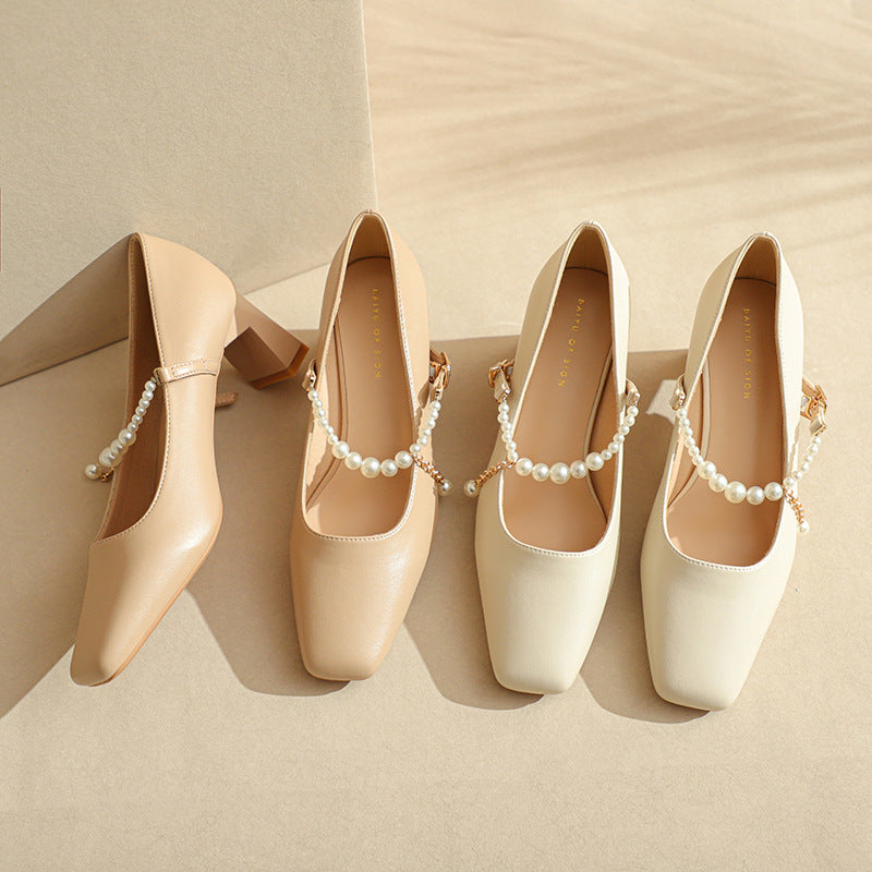 Femme Elegante Chunky-hæls-Mary-Jane-sko med perle-detalje Stilla