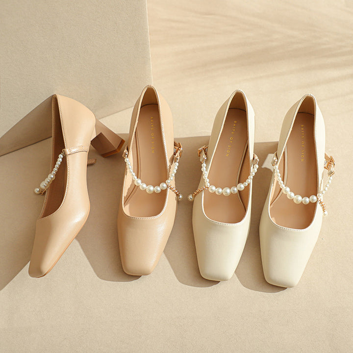 Femme Elegante Chunky-hæls-Mary-Jane-sko med perle-detalje Stilla
