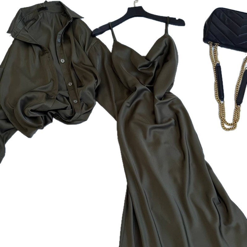 Dame elegant Satin Maxikjole med spaghetti-stropper og flydende snit Stilla