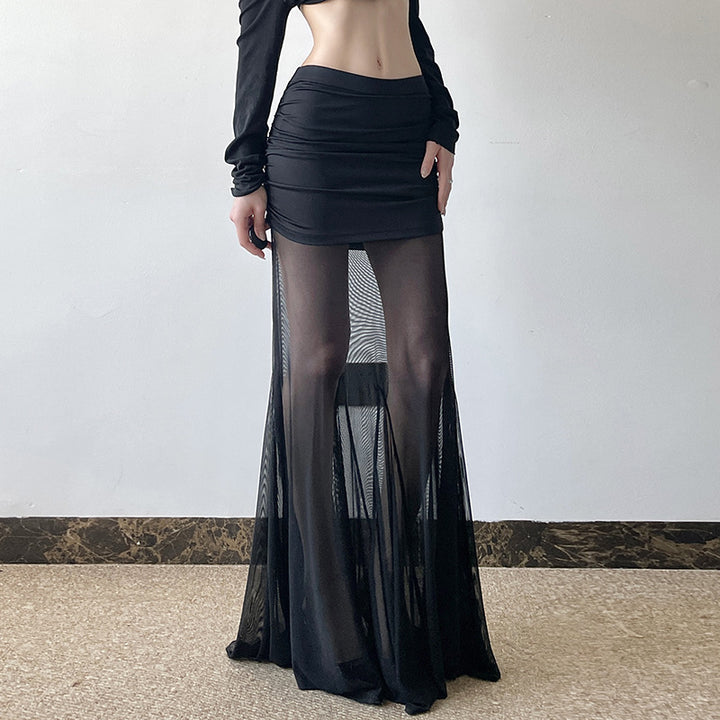Dame Maxi-nederdel med transparent chiffon og rynket talje Skovae