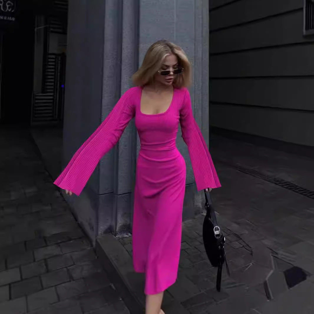 Dame Maxikjole med bredt ærme og elastisk ribdesign Stilla