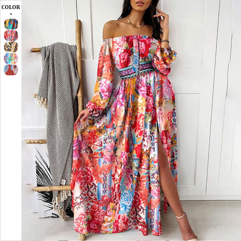 Dame Maxi-kjole med off-shoulder design og farverigt blomster mønster Stilla