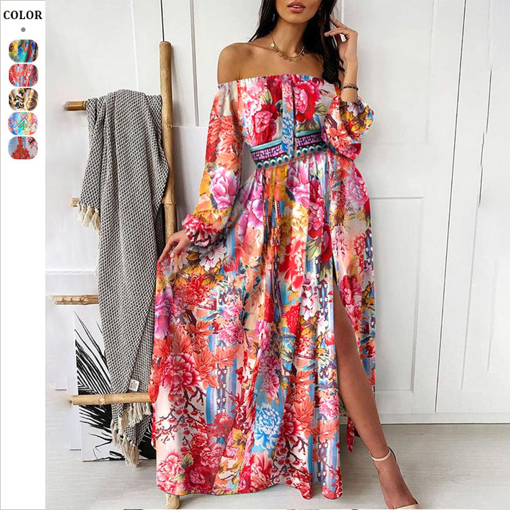 Dame Maxi-kjole med off-shoulder design og farverigt blomster mønster Stilla