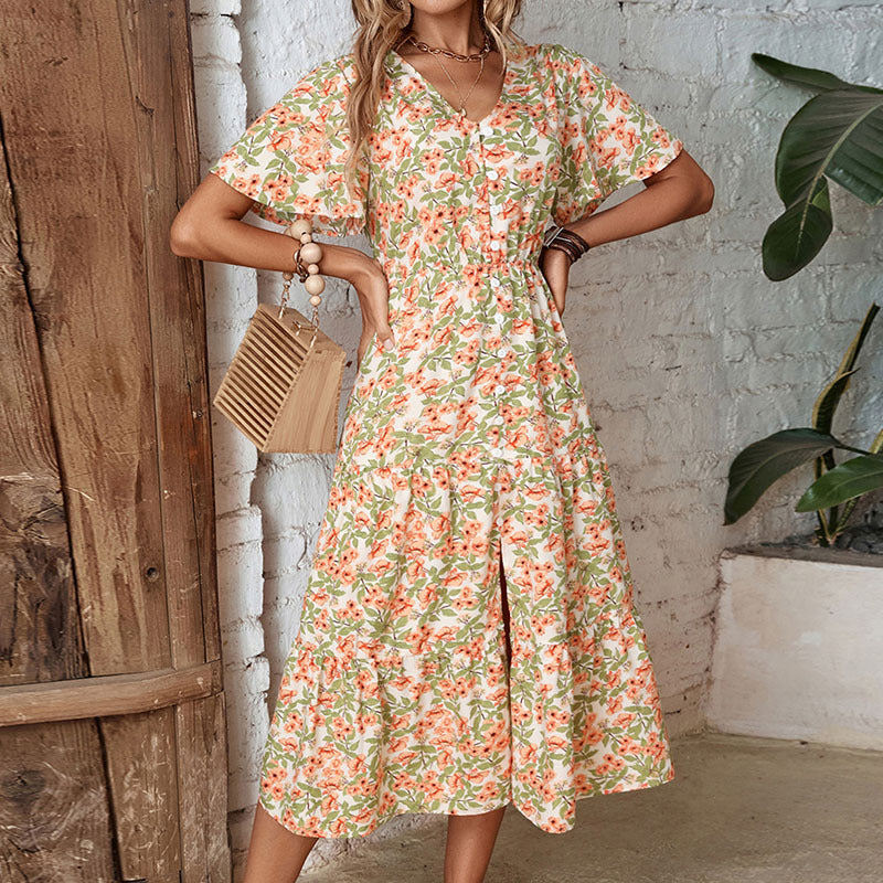 Dame Floral Print Maxi Kjole med Knaplukning og Side Slids Stilla