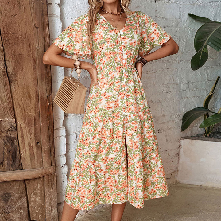Dame Floral Print Maxi Kjole med Knaplukning og Side Slids Stilla