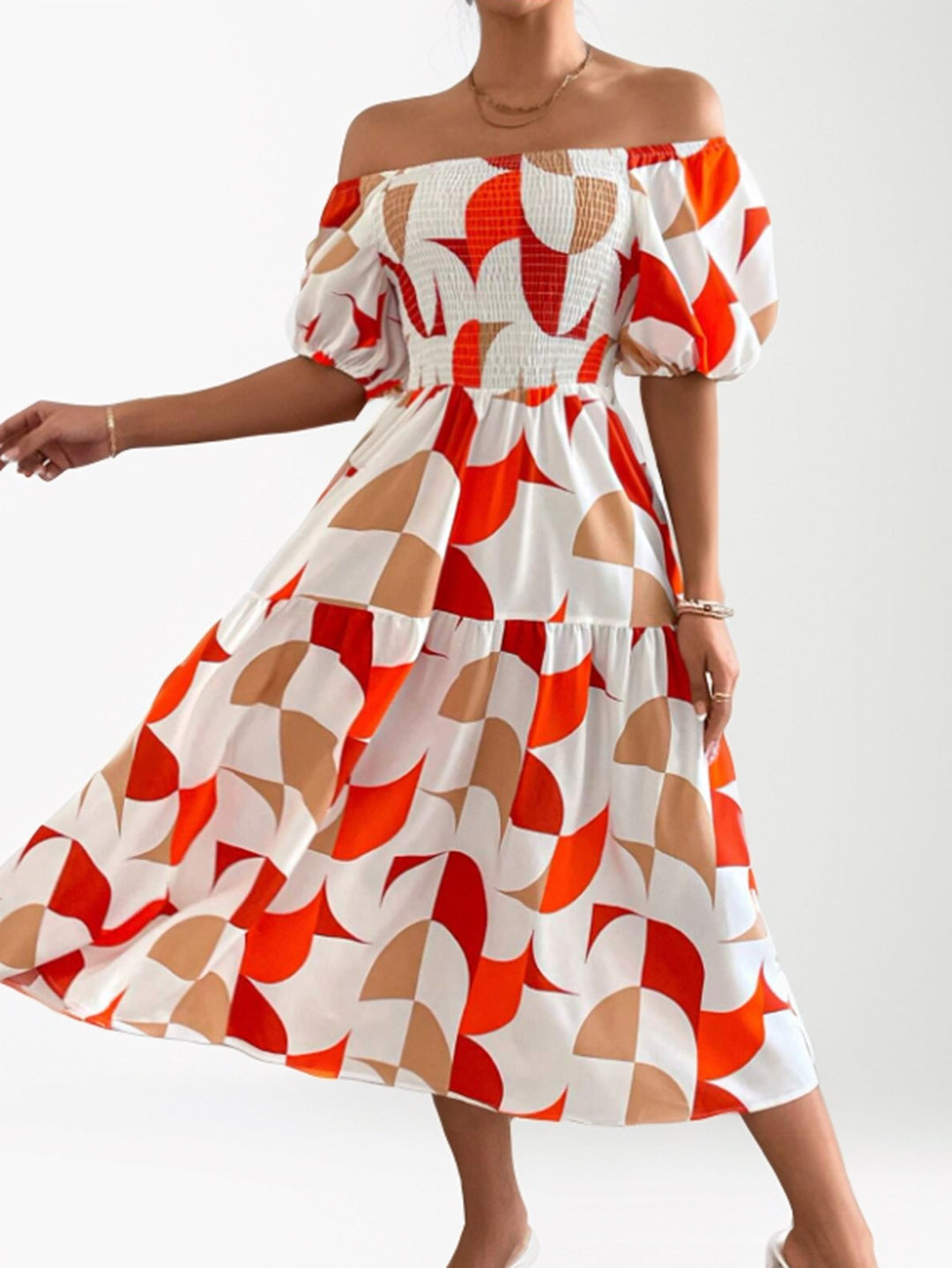 Dame Off-Shoulder Laget Maxi-Kjole med Geometrisk Tryk Stilla