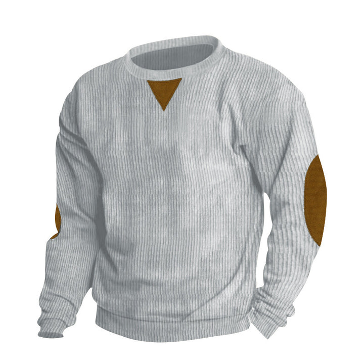 Herren nan ribbet strikpullover med rund halsudskæring, albue-patches og pyntet trekant Skovae