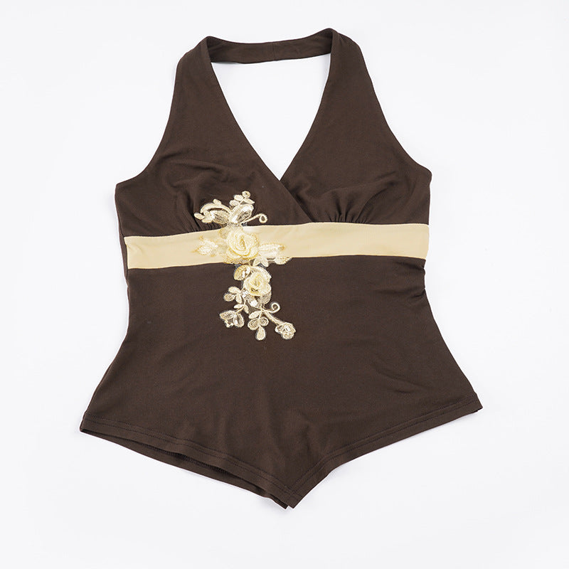Dame elegant halterbadedragt med luksuriøse broderier Skovae