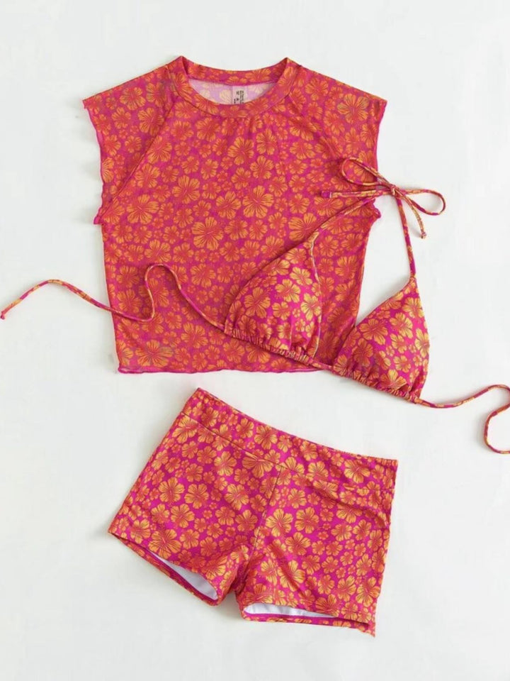 Dame Floral Print Badetop og Højtaljede Shorts-Sæt Stilla