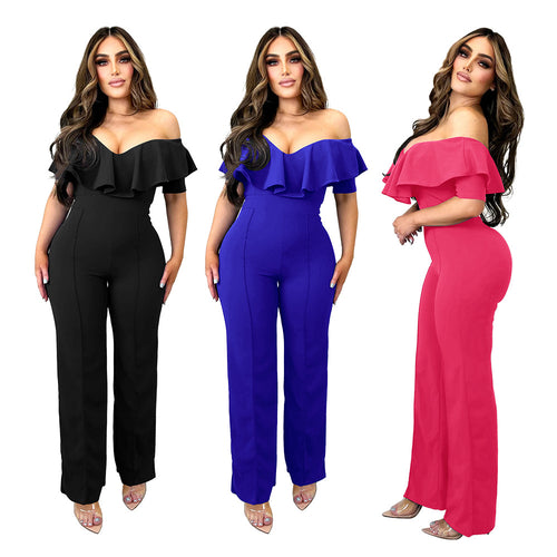 Dame elegant jumpsuit med flæset udskæring Stilla