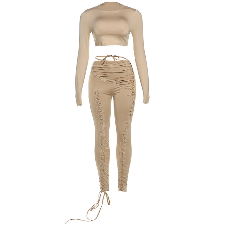Dame Crop-Top og højtskårne leggings med snørredetaljer Skovae