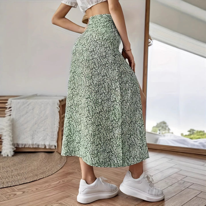 Dame Elegant Midiskirt med sidelids og blomsterprint Stilla