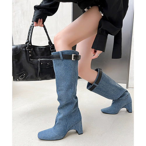 Femme High-Cut Denim Over-knæ Stiletto Støvler Stilla