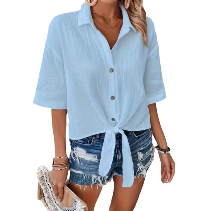 Dame casual knapbluse med knude foran Stilla