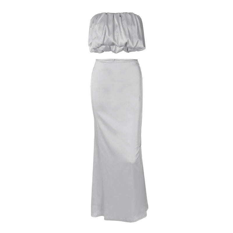 Dame Elegant top med rynket design og lang, tætsiddende nederdel Stilla