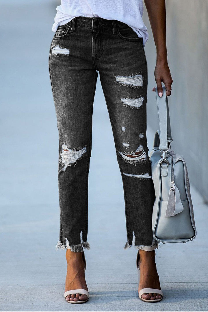 Dame Ripped High-Waist Jeans med frynset kant og modeødelæggede detaljer Stilla