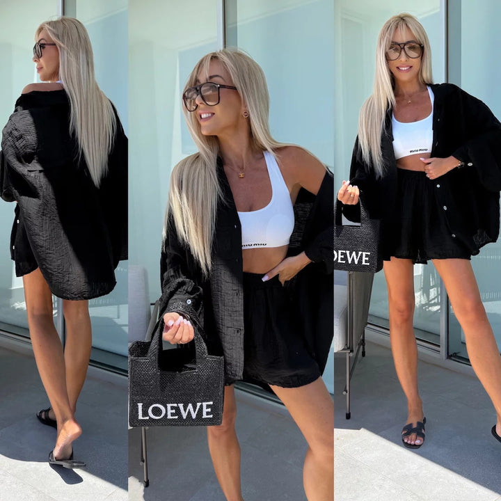 Kvinders Casual Kort Jumpsuit Sæt med Asymmetrisk Top og Elastisk Talje