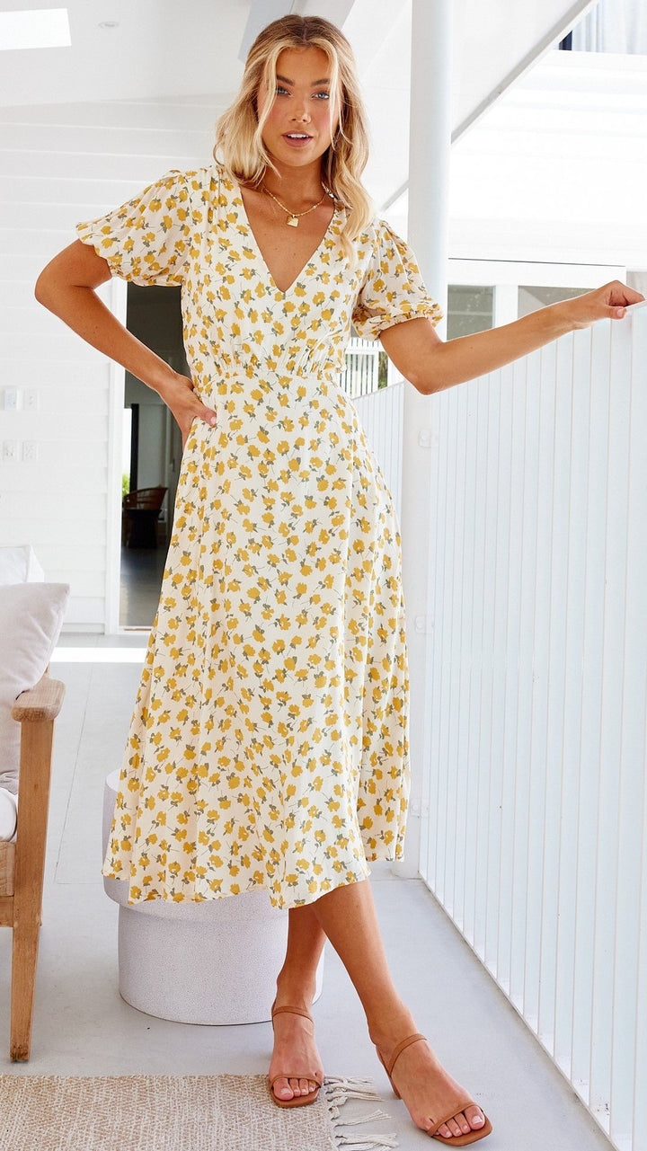 Damer Floral Print Midi-Kjole med Flæsekant Stilla