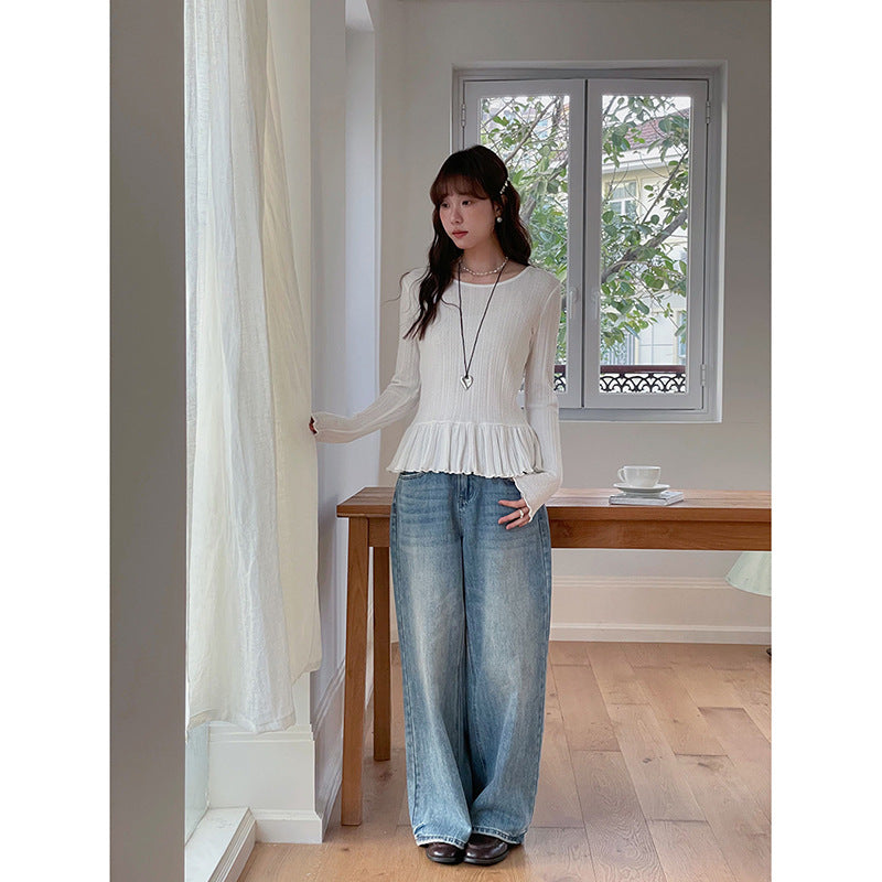 Dame brede High-Waist jeans lavet af denim med elastisk talje og moderne vaskninger Stilla