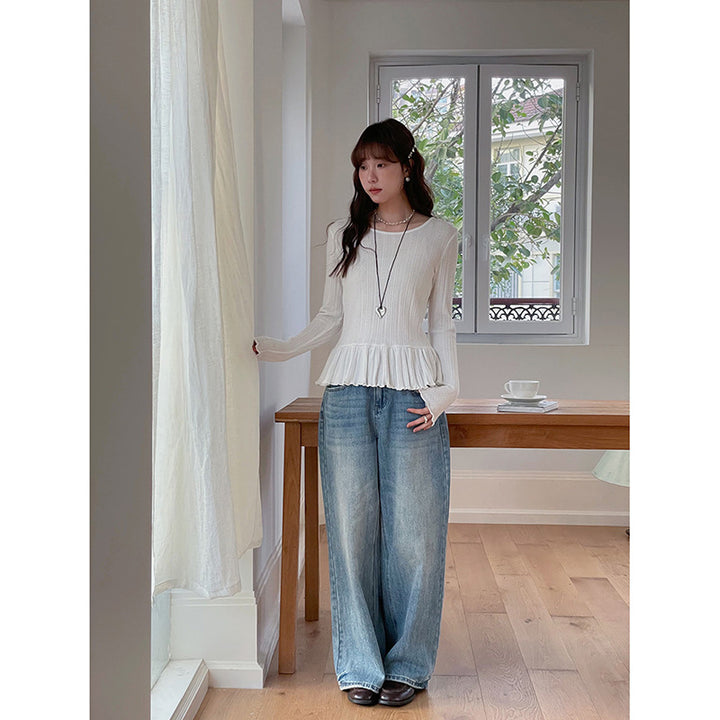 Dame brede High-Waist jeans lavet af denim med elastisk talje og moderne vaskninger Stilla