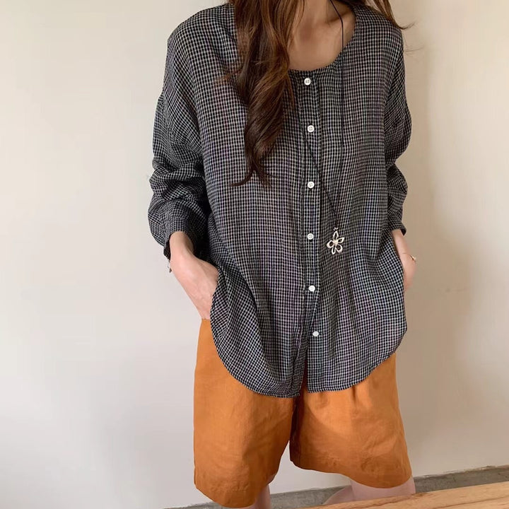 Damer Oversized Button-Up Karo-Bluse med unik kant Stilla