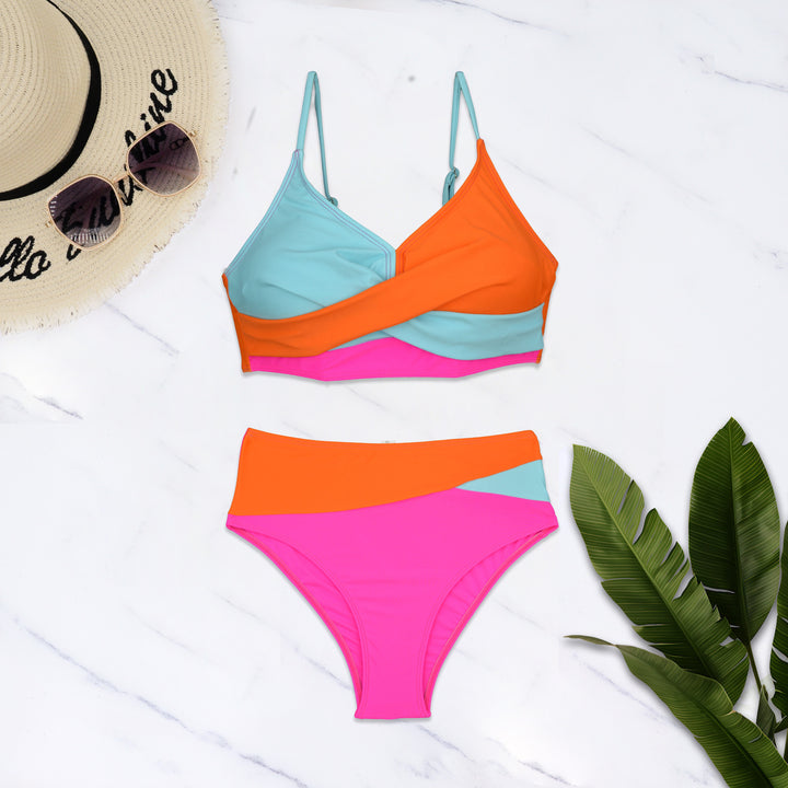 Damer Farverig mønstret Bikini med krydset design og høj talje Stilla