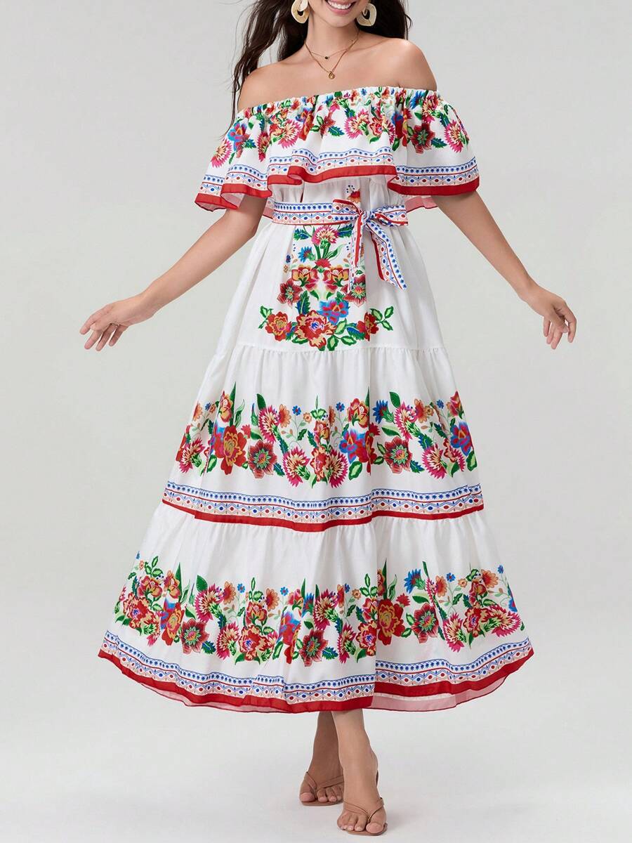 Dame Maxikjole med off-shoulder design og blomstrende applikationer Stilla