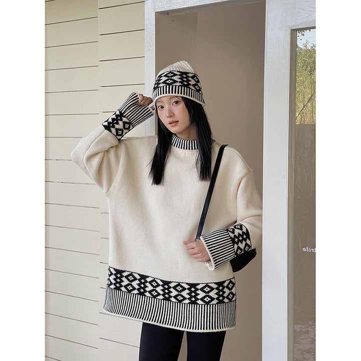Dame Oversized Strikpullover med geometrisk mønster og høj krave Stilla
