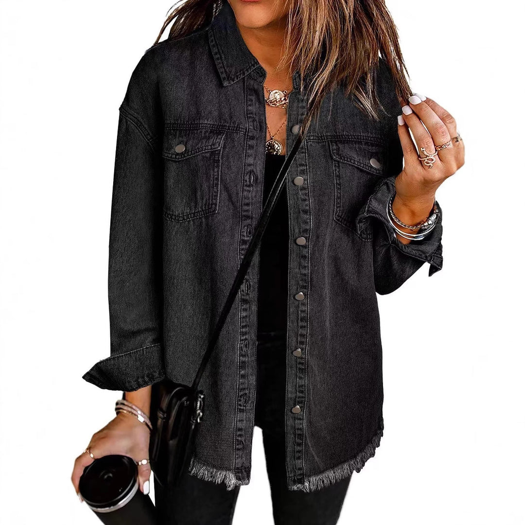 Dame Denim Skjortejakke i afslappet Oversized-stil med frynser Stilla