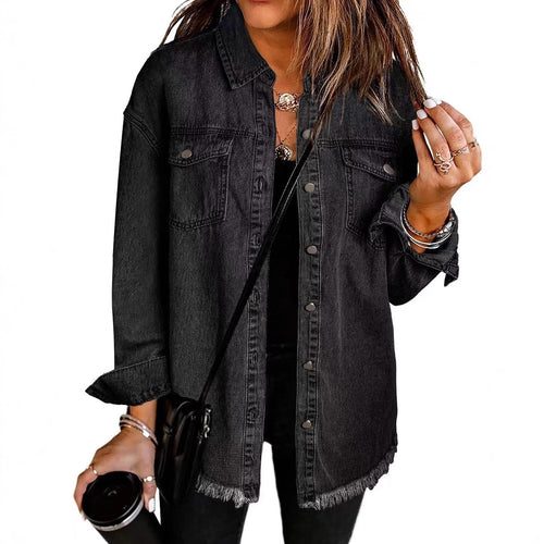 Dame Denim Skjortejakke i afslappet Oversized-stil med frynser Stilla