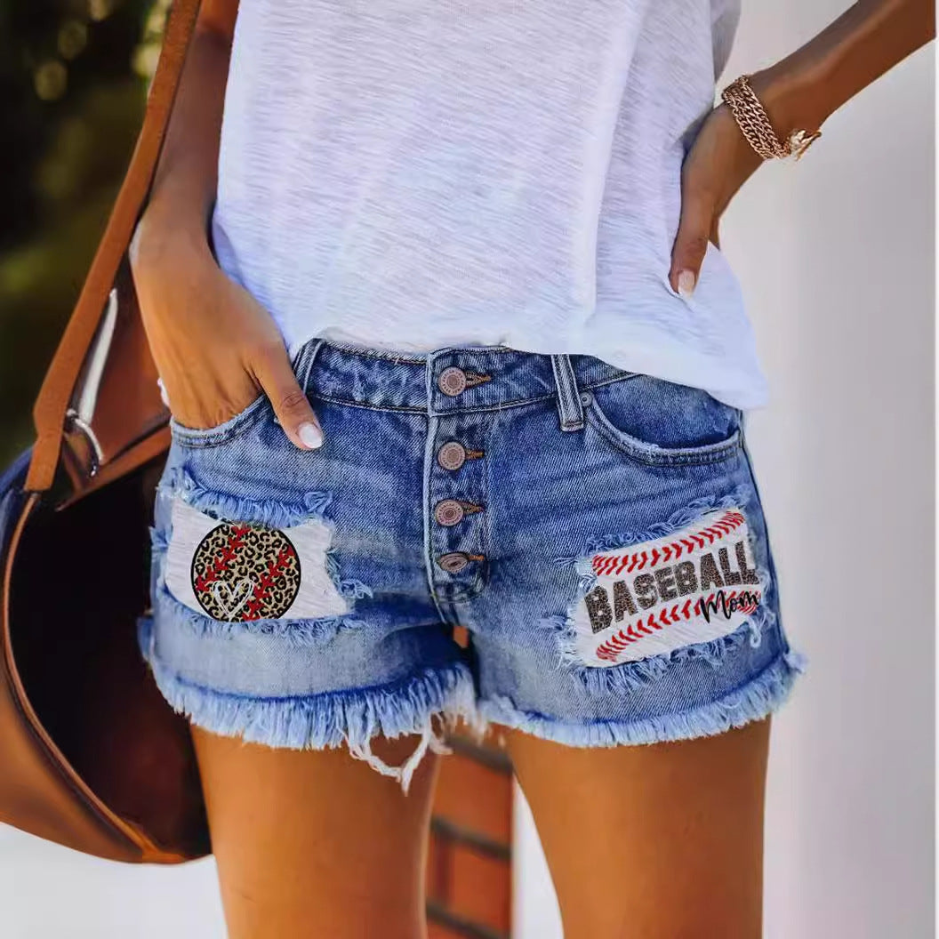 Kvindernes jeans shorts med vintage stil og flagmotiv applikationer Stilla