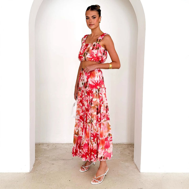 Dame tre-delt sæt med crop-top, maxiskørt og blomster mønster Stilla