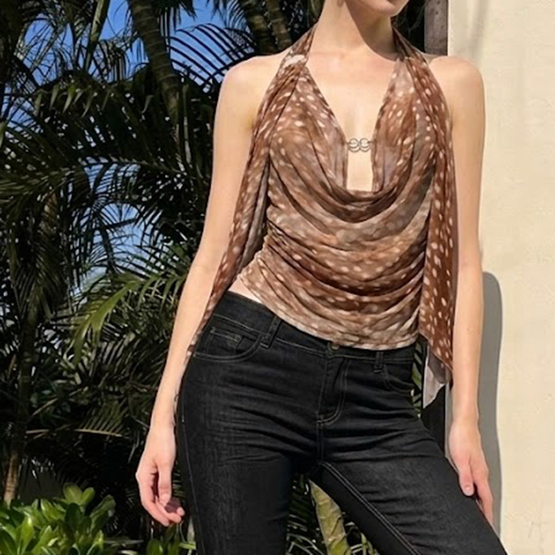 Damer Smart Halterneck Bluse med Drapering Skovae
