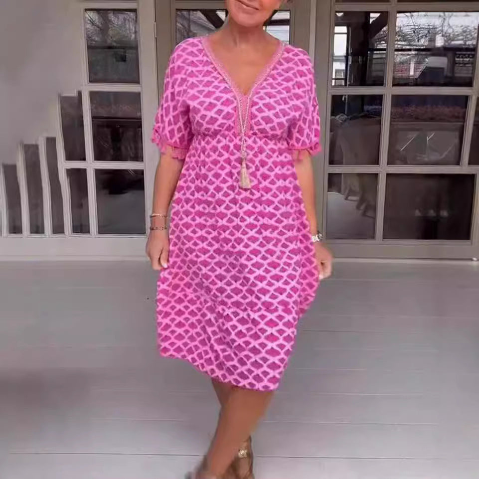 Dame nan casual midi kjole i kaftan stil med V-halsudskæring, kvaster bånd, rynket empire søm og frynseærmer Skovae