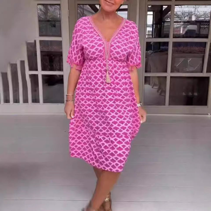 Dame nan casual midi kjole i kaftan stil med V-halsudskæring, kvaster bånd, rynket empire søm og frynseærmer Skovae