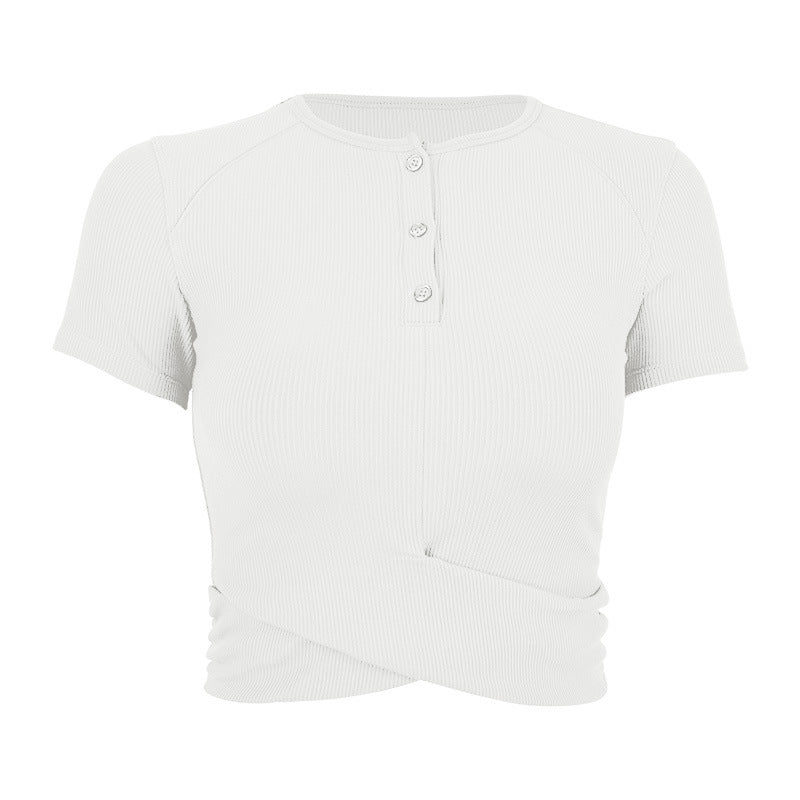 Dame moderigtigt kortærmet Henley-top med elastisk ribdesign Stilla